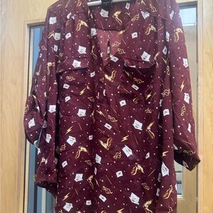 Torrid Burgundy Blouse with Gold and White Patterns